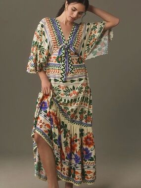 NWT Anthropologie Farm Rio V-Neck Kaftan Maxi Dress L Boho Tropical Resort
